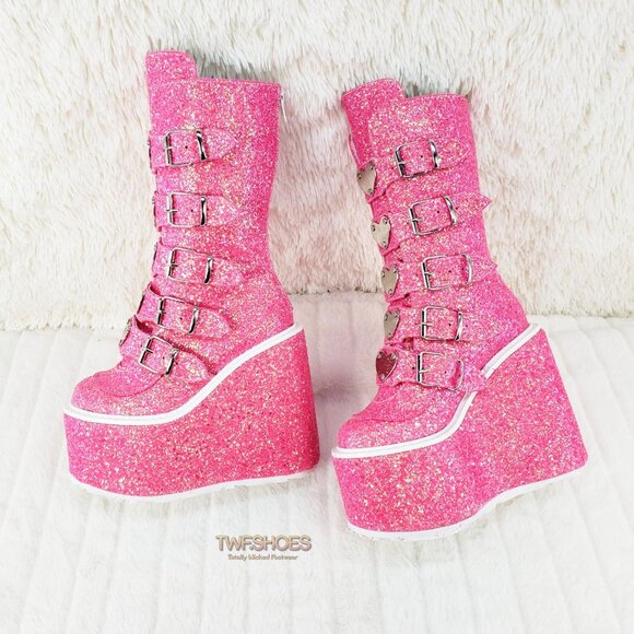 Swing Pink Cyber Punk Platform Glitter Heart Plate Boots - Picture 5 of 15